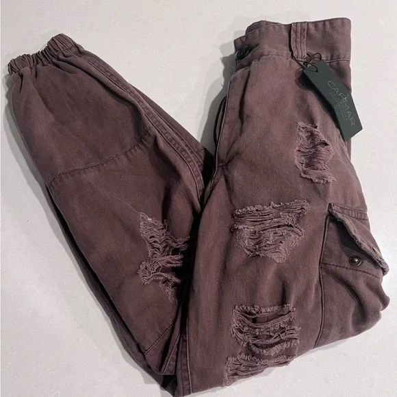 Carmar denim brown ripped cargo pants size NWT $215